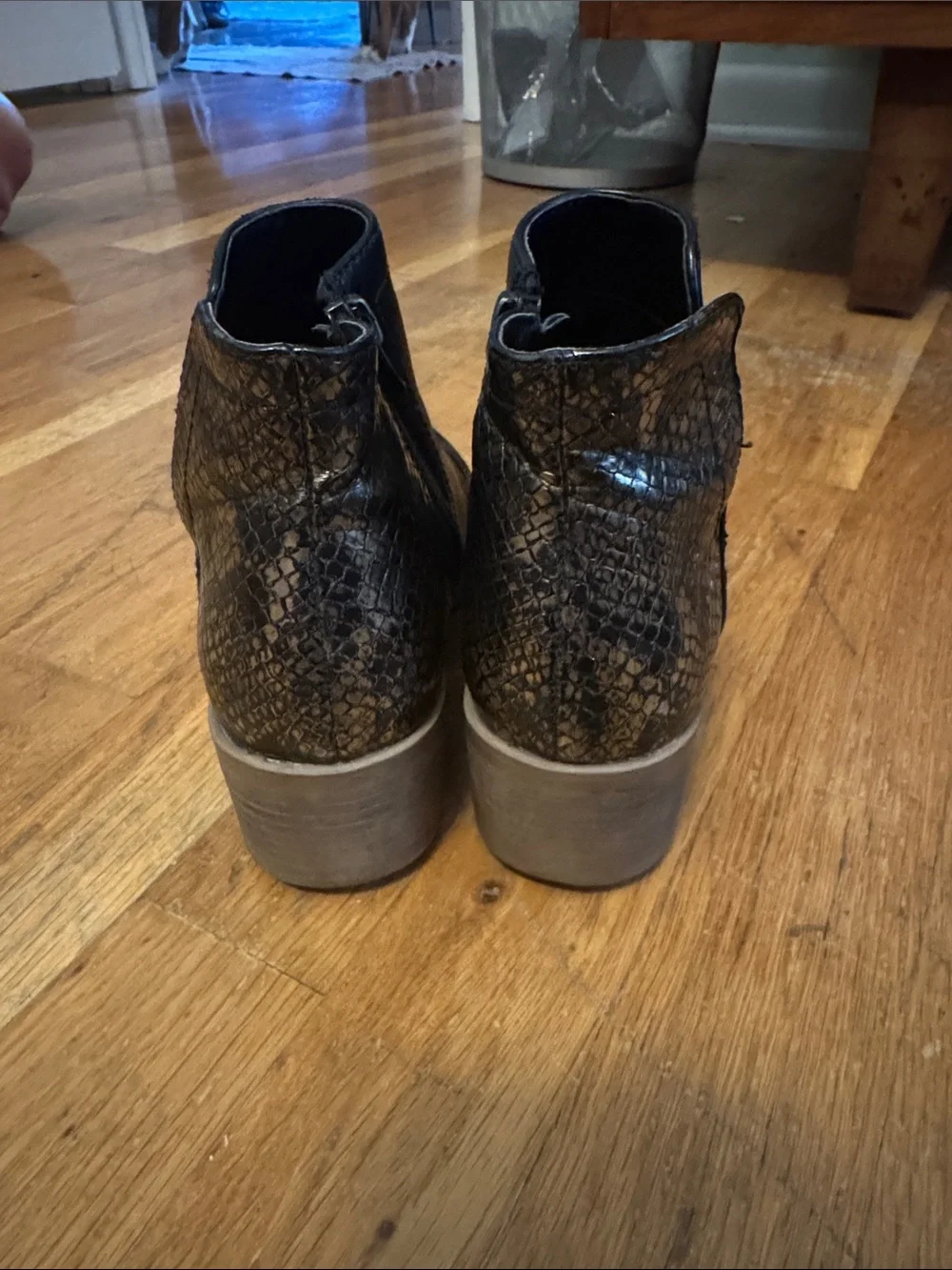 Steve Madden Black Leather Ankle Boots with Brown Snake-Print Heel